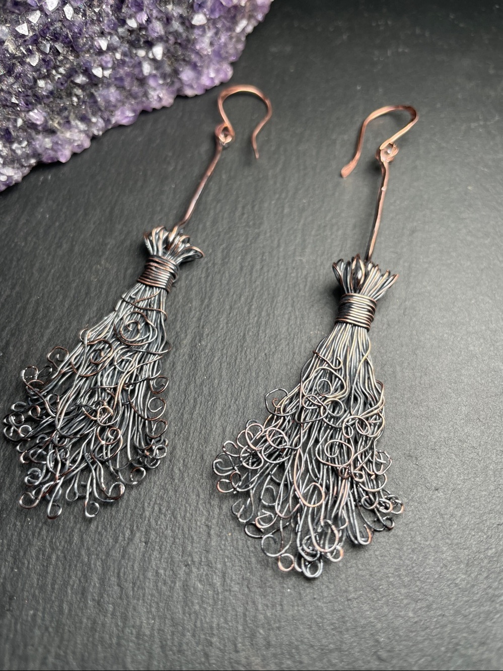 FINAL SALE Copper Witch's Broom Halloween Dangle Earrings - Artisan - Picture 9 of 10